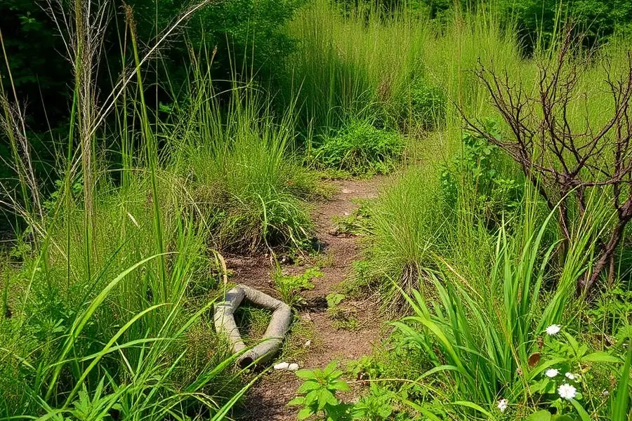 Terrain laissé à l'abandon, herbes hautes, broussailles et arbuste sec autour d'un ancien passage
